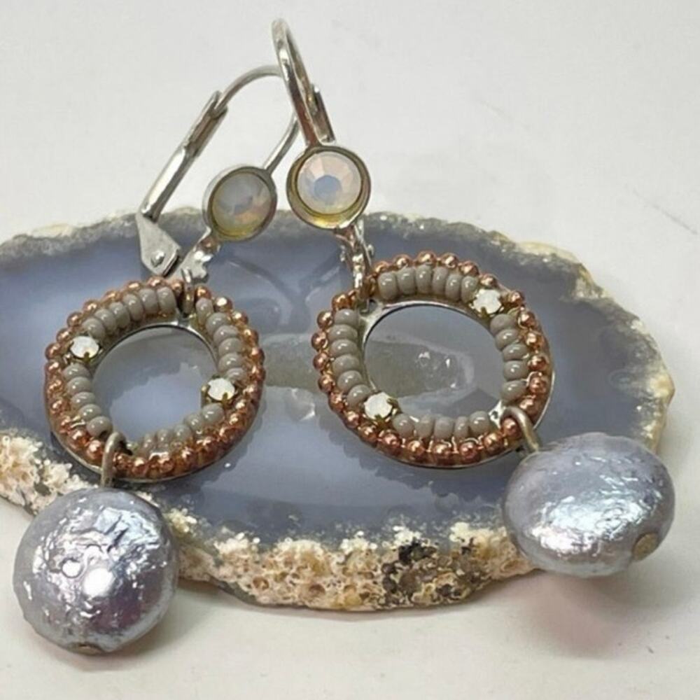 Israeli Designer Adaya Beaded Drop Earrings Gray Coin Pearl Opal Boho Artisan